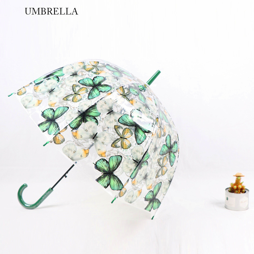 POE Fashion Transparent Apollo Umbrella Butterfly Print Straight Bone Umbrella