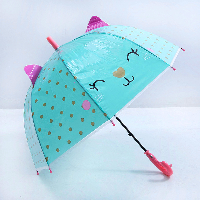 8K POE 3D windproof printed cartoon animal cat arched children's straight bone umbrella