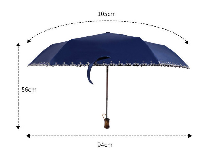 8K Vintage Solid Wood Handle Embroidered Edge Folding Umbrella for Women's Sunny and Rainy Use