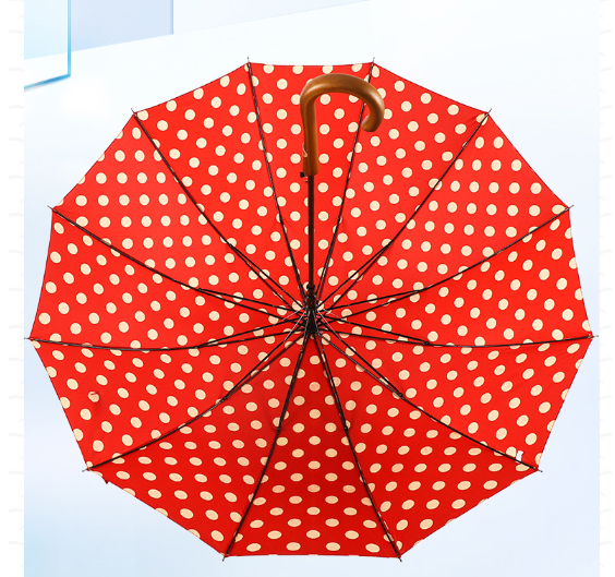 12K minimalist dot pattern solid wood hook handle Korean style rain and shine dual-purpose long umbrella