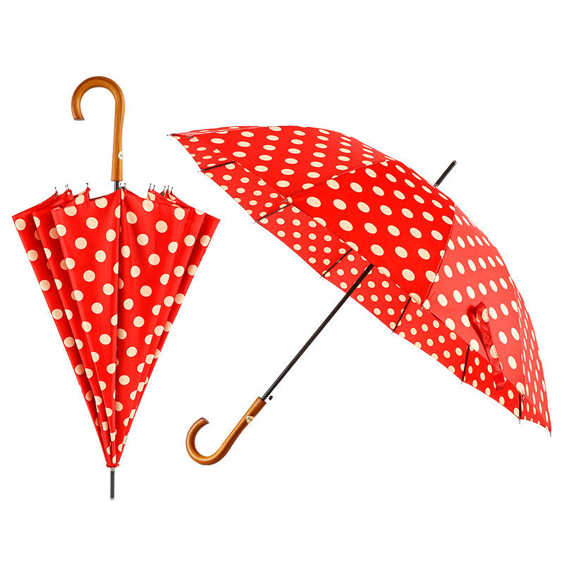 12K minimalist dot pattern solid wood hook handle Korean style rain and shine dual-purpose long umbrella