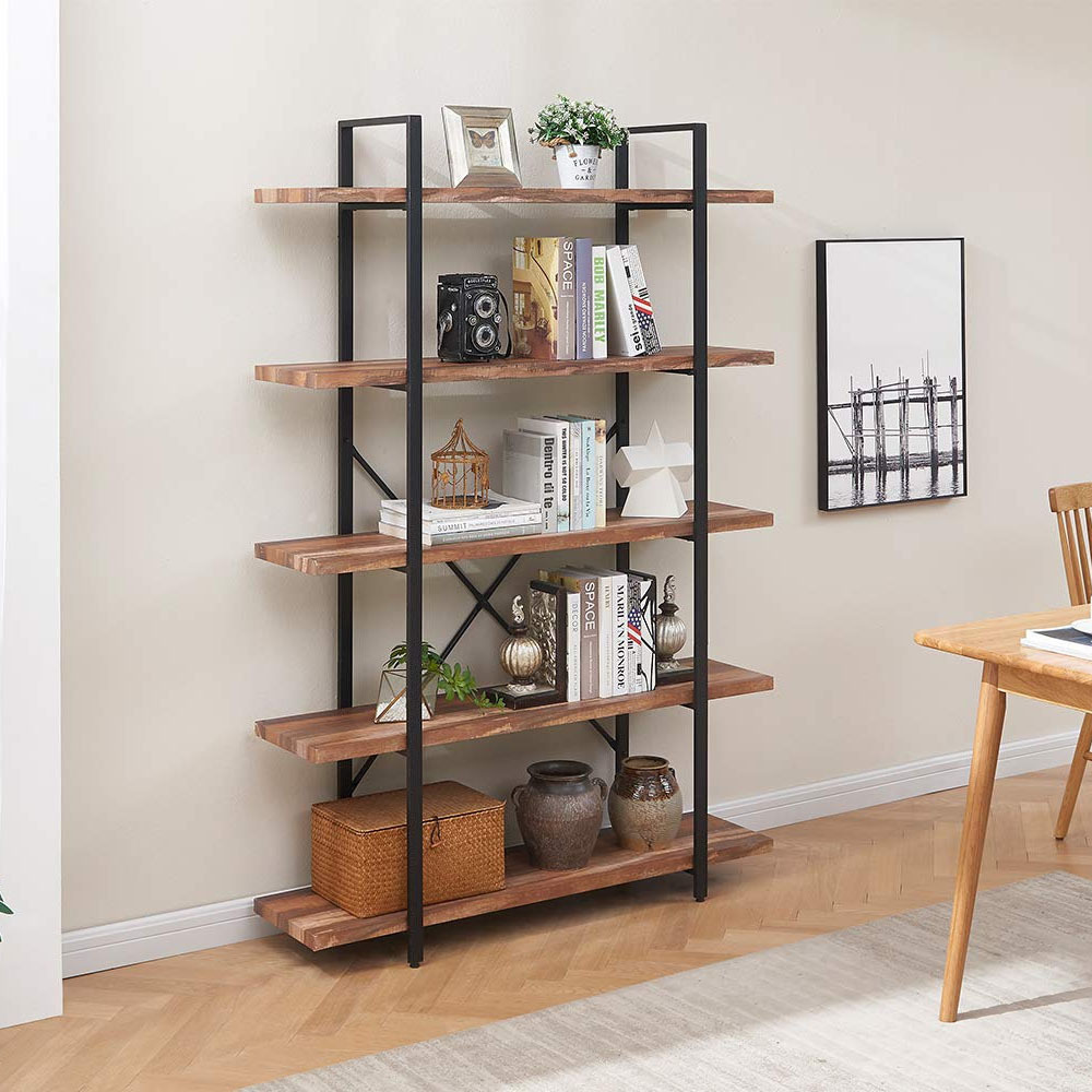 European Design Book Shelf Industrial Wooden 5 Tier Ladder Bookcase Bookshelf Made With Steel Frame