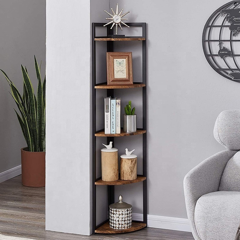 Living Room Book Shelf 5 6 Layer Floor Standing Industrial Steel Pipe Wooden Antique Corner Bookshelf Bookcase