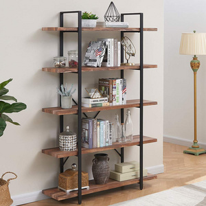 European Design Book Shelf Industrial Wooden 5 Tier Ladder Bookcase Bookshelf Made With Steel Frame