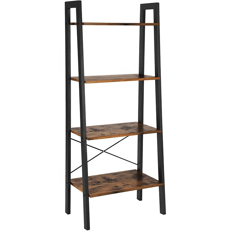 Custom Living Room Furniture Bookcase 4 Tier Industrial Metal Steel Frame Wooden Book Shelf Bookshelf