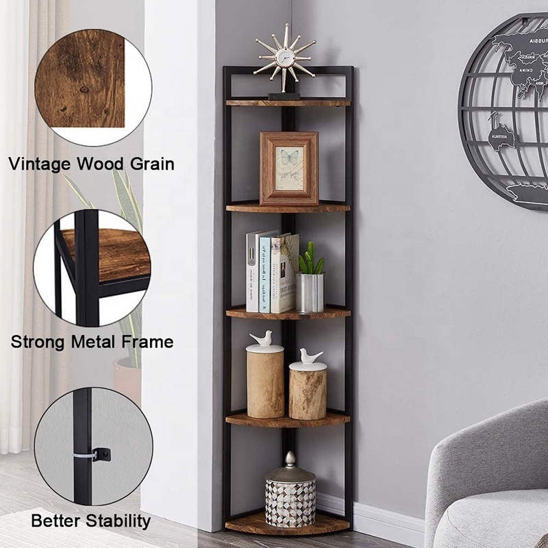 Living Room Book Shelf 5 6 Layer Floor Standing Industrial Steel Pipe Wooden Antique Corner Bookshelf Bookcase