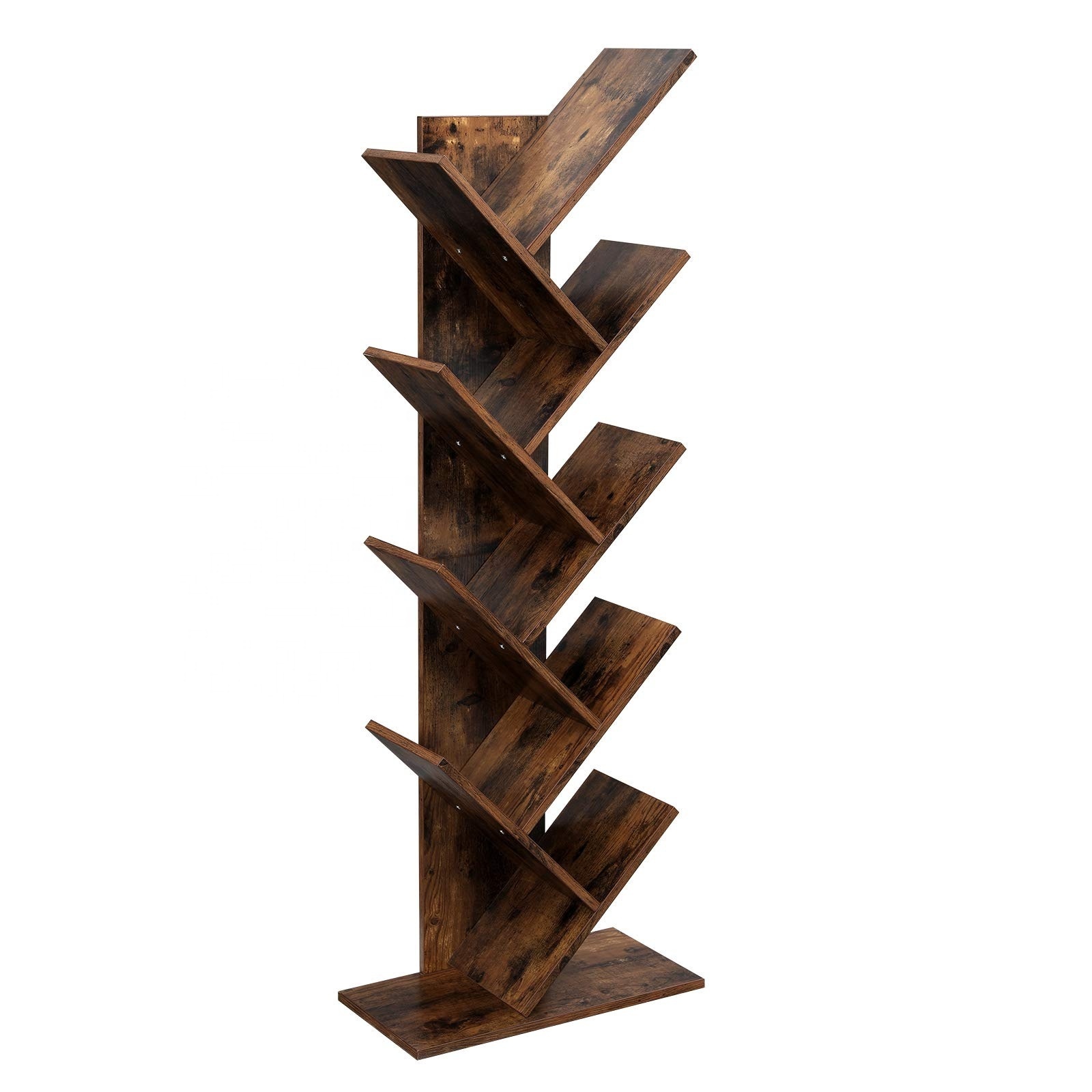 Custom Modern Design MDF Wooden Bookcase Rustic Brown Tree Shape Bookshelf For Living Room