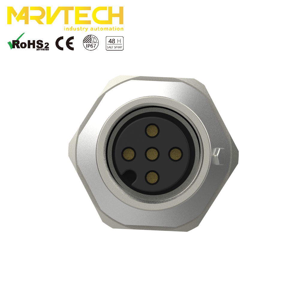 Marvtech female front table mount M12 electrical cable connector with pigtail for industrial equipment