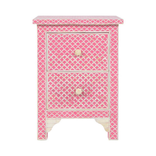 Bone Inlay Fish scale Design 2 Drawers Bedside Table Pink Bone Inlay Fish scale Design 2 Drawers Night Stand Table Pink