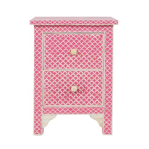 Bone Inlay Fish scale Design 2 Drawers Bedside Table Pink Bone Inlay Fish scale Design 2 Drawers Night Stand Table Pink