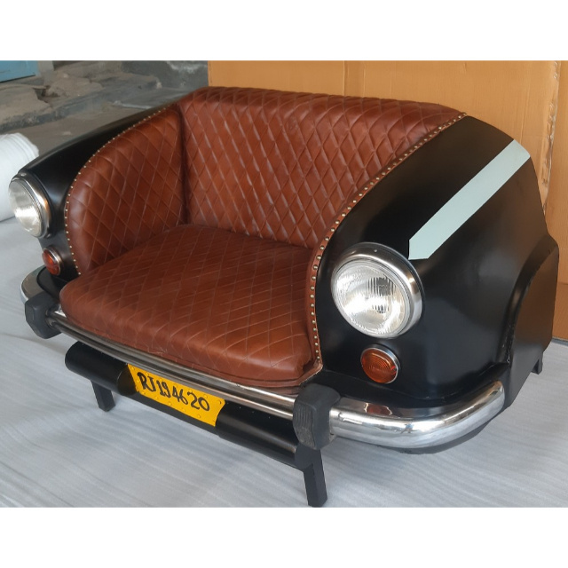 AMBASSADOR Brown Leather Industrial Bench Sofa Industrial Vintage car sofa with brown leather seating Car Leather sofa