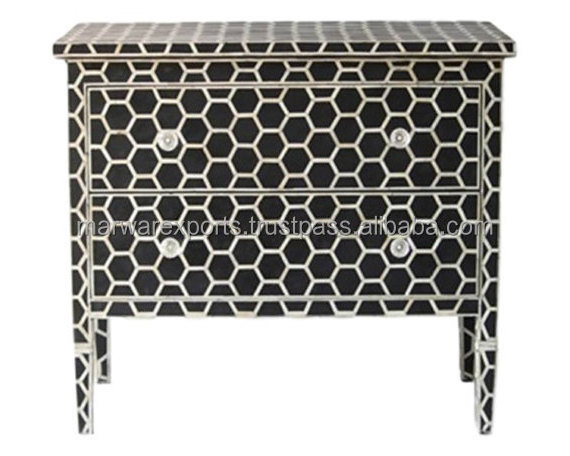 Buffet Black & White Geometric Pattern Bone Inlay Furniture - Buffet Credenza Black & White Geometric Hexagon Pattern