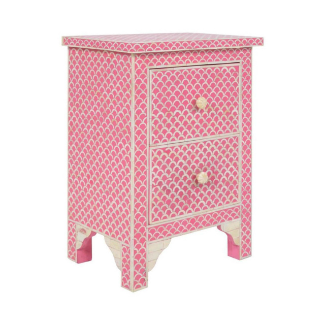 Bone Inlay Fish scale Design 2 Drawers Bedside Table Pink Bone Inlay Fish scale Design 2 Drawers Night Stand Table Pink