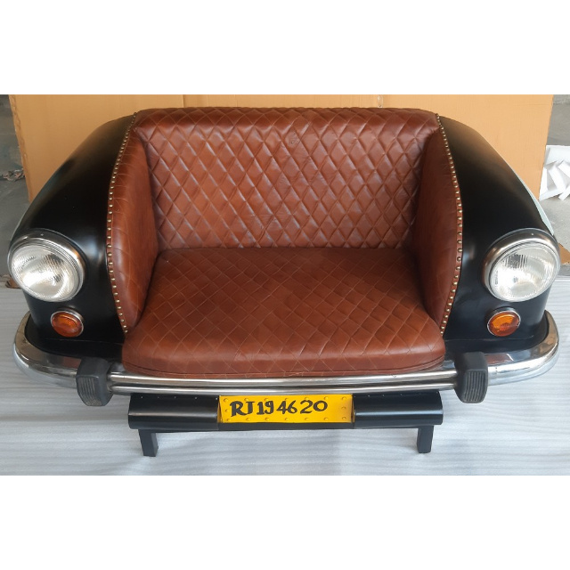 AMBASSADOR Brown Leather Industrial Bench Sofa Industrial Vintage car sofa with brown leather seating Car Leather sofa