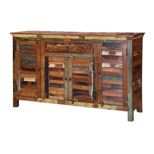 Large Handcrafted Reclaimed Wood Cabinet with 4 Shutter Door Unique Style Sideboard for Dining Room Storage