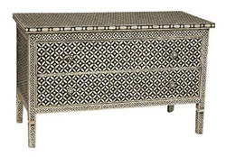 Buffet Black & White Geometric Pattern Bone Inlay Furniture - Buffet Credenza Black & White Geometric Hexagon Pattern