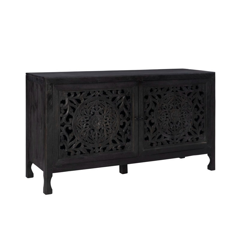 Solid Mango Wood Carving Black Finish Cabinet Hand Carved Entryway Cabinet Wood 2 Door Cabinet