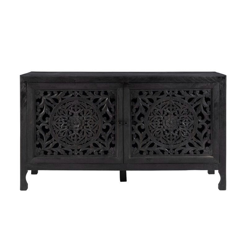 Solid Mango Wood Carving Black Finish Cabinet Hand Carved Entryway Cabinet Wood 2 Door Cabinet