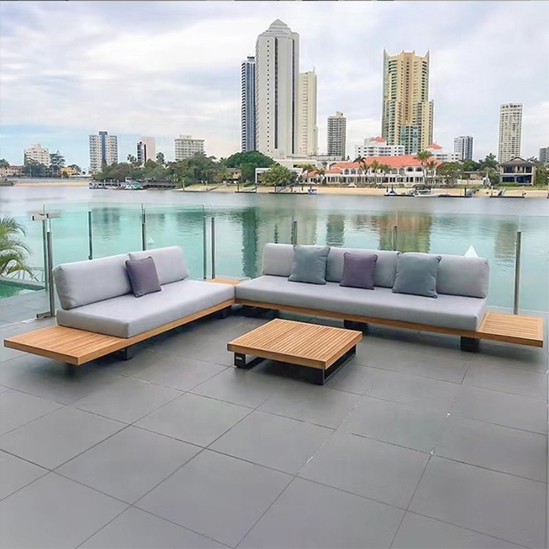 Wooden Couch Sectional Elegant Teakwood Aluminum Patio Furniture Set with Dining Table and Sofa for Outdoor Garden