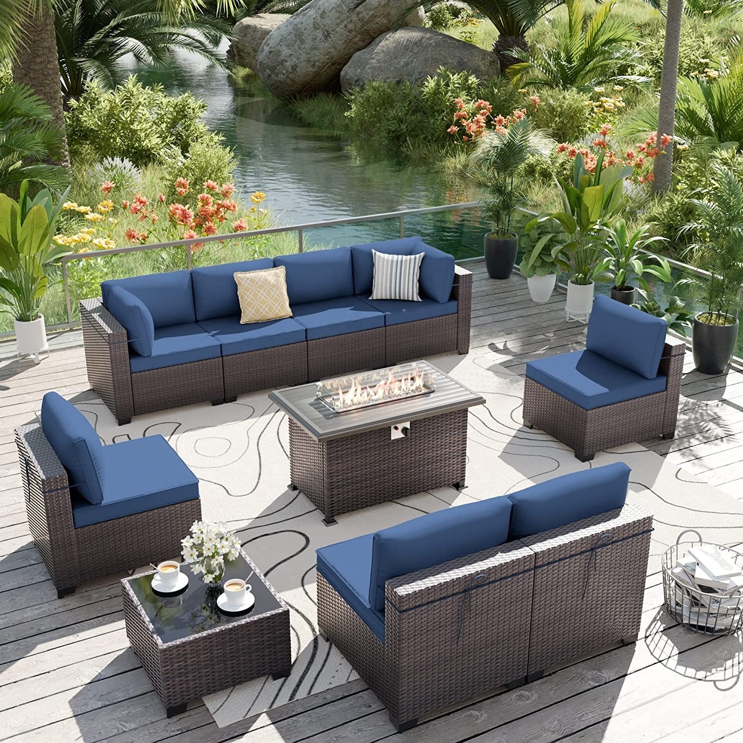 Waving Rattan Outdoor Furniture Modular Garden Patio Couch Sectional Small Sofa Exterior Sitting with Fire Pit Table