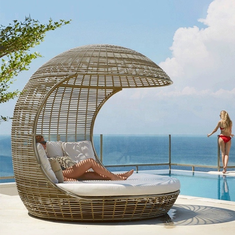 Modern Waterproof Wicker Rattan Big Round Sunbeds Beach Chaise Lounge Hotel Garden Pool Sun Bed Outdoor Daybed