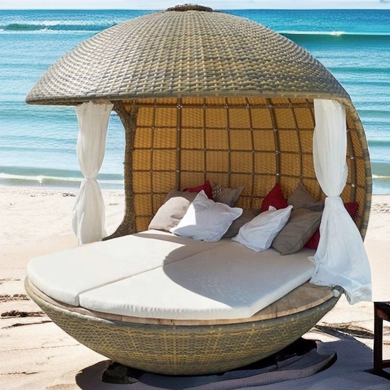 Modern Waterproof Wicker Rattan Big Round Sunbeds Beach Chaise Lounge Hotel Garden Pool Sun Bed Outdoor Daybed