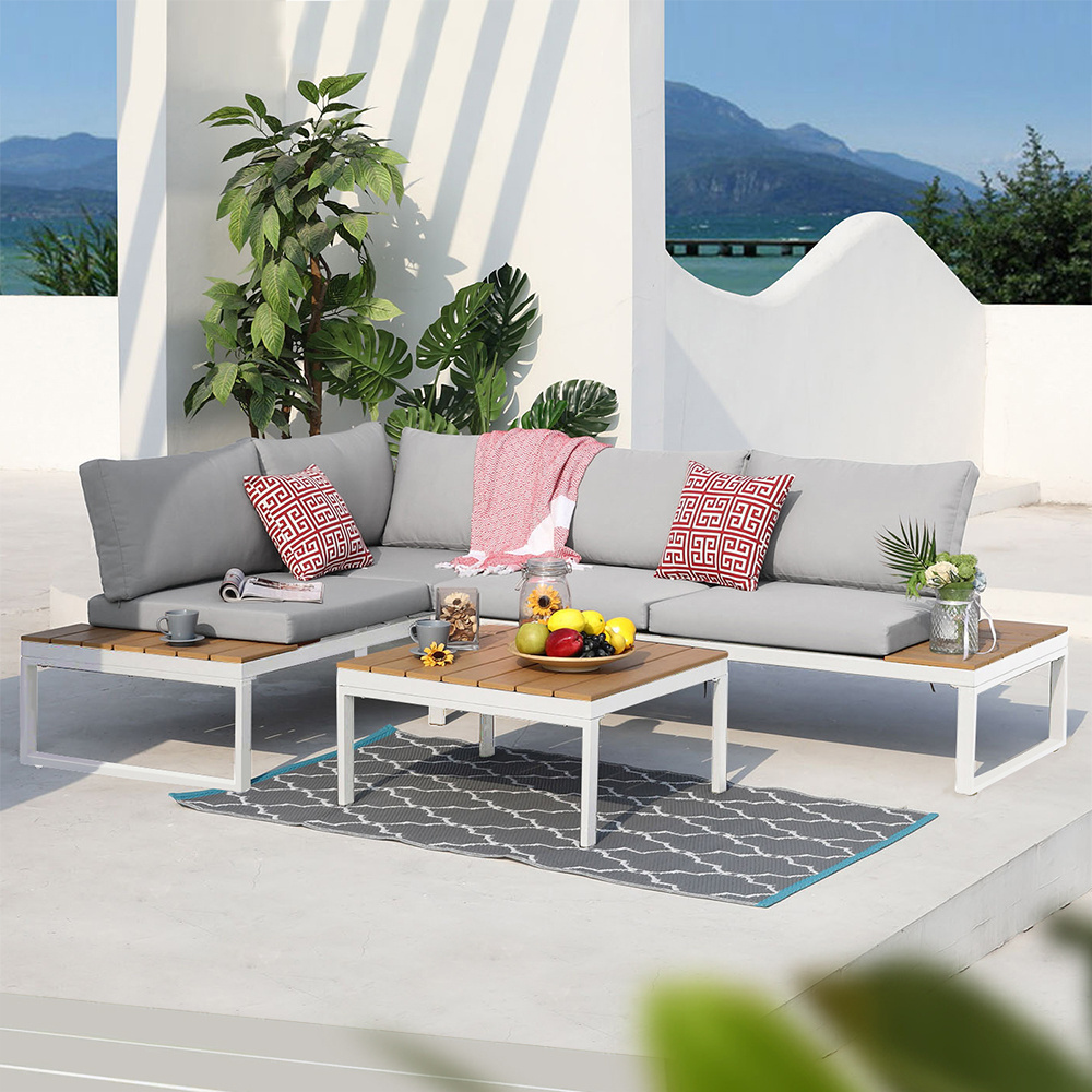 Patio Garden Furniture L shape Teak Aluminum Frame Waterproof Fabric Cushion Outdoor Sofa Set