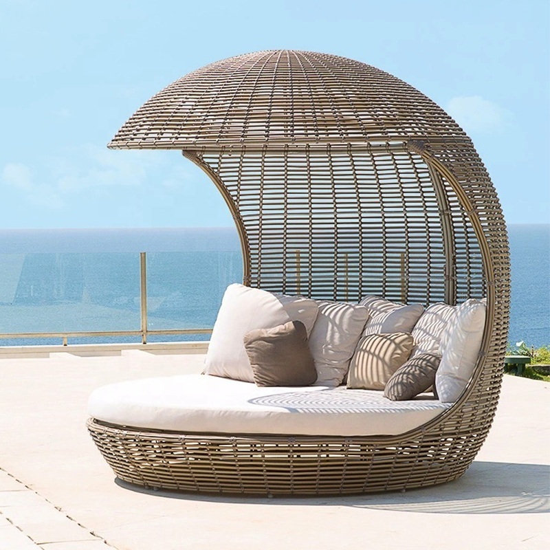 Modern Waterproof Wicker Rattan Big Round Sunbeds Beach Chaise Lounge Hotel Garden Pool Sun Bed Outdoor Daybed