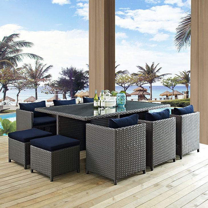 11pieces Rattan Outdoor Dining Table Set Patio Outdoor Rattan / Wicker Furniture Sets Garden Set Aluminum Frame Outdoor Fabric