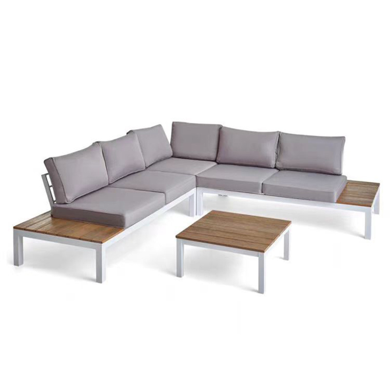 Patio Garden Furniture L shape Teak Aluminum Frame Waterproof Fabric Cushion Outdoor Sofa Set