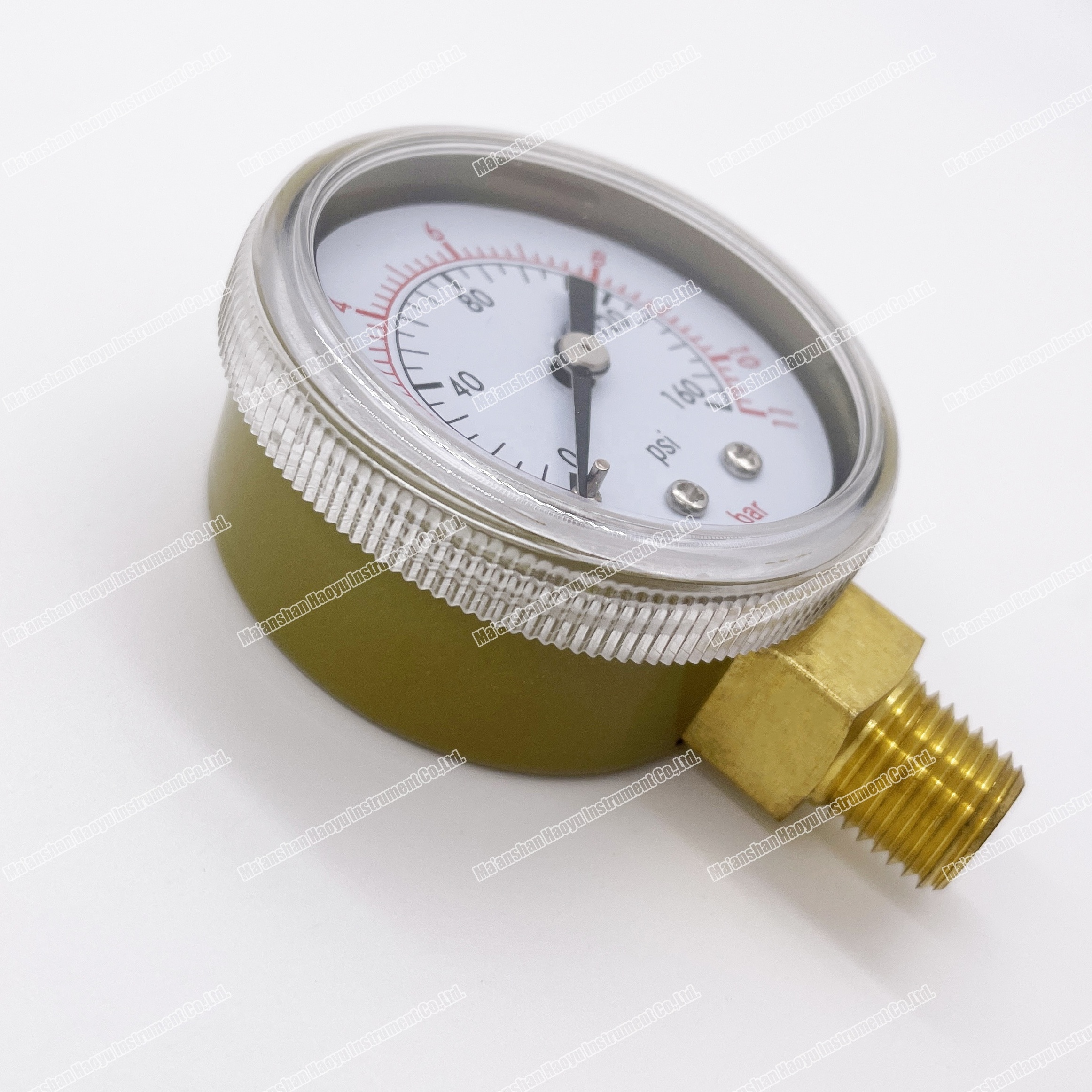 Radial pressure gauge with yellow iron box