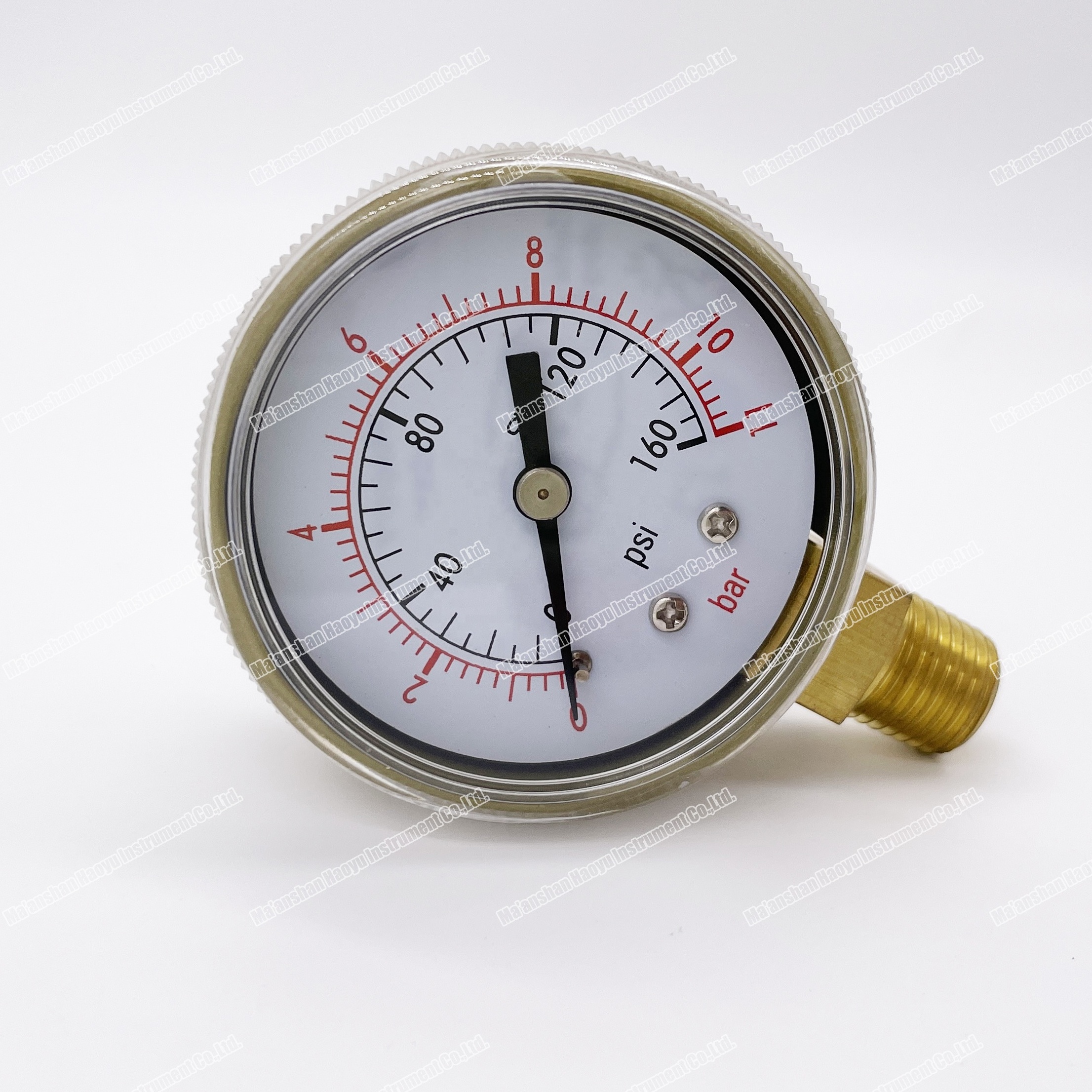 Radial pressure gauge with yellow iron box