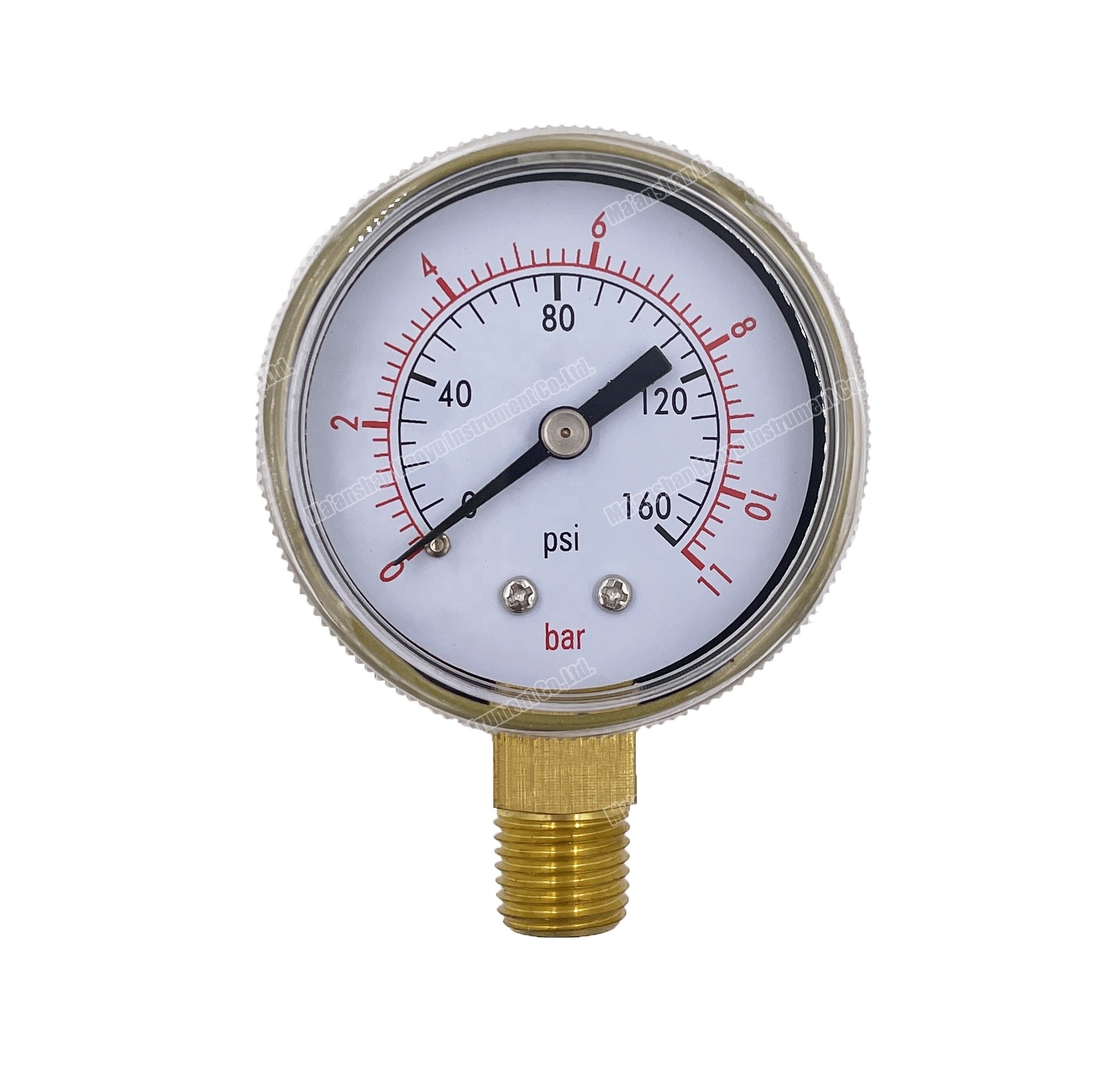 Radial pressure gauge with yellow iron box