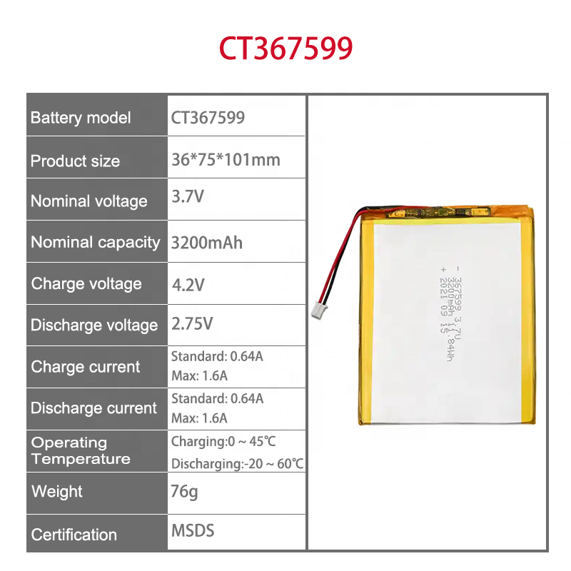 Large Capacity Lithium Battery 3200mAh 3.7V Rechargeable 367599 Lithium Ion Battery