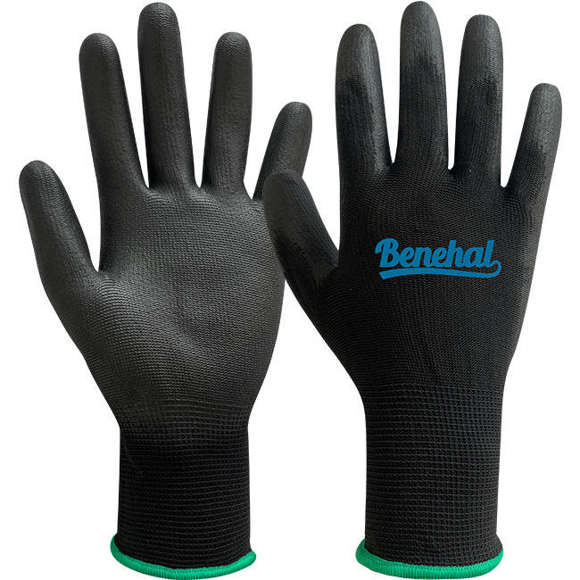 Black polyester Knit Bodyguard Industry Assembly Black Polyurethane Grip Palm Fit Coated Work Safety Hand PU Gloves