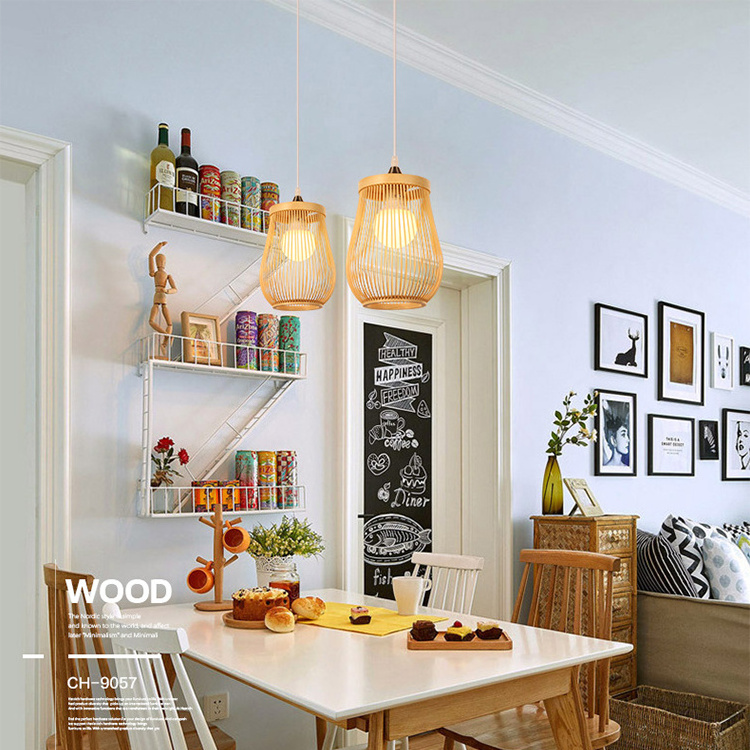 Wicker basket rattan lamp shade modern pendant light for kitchen ceiling with LED bulb