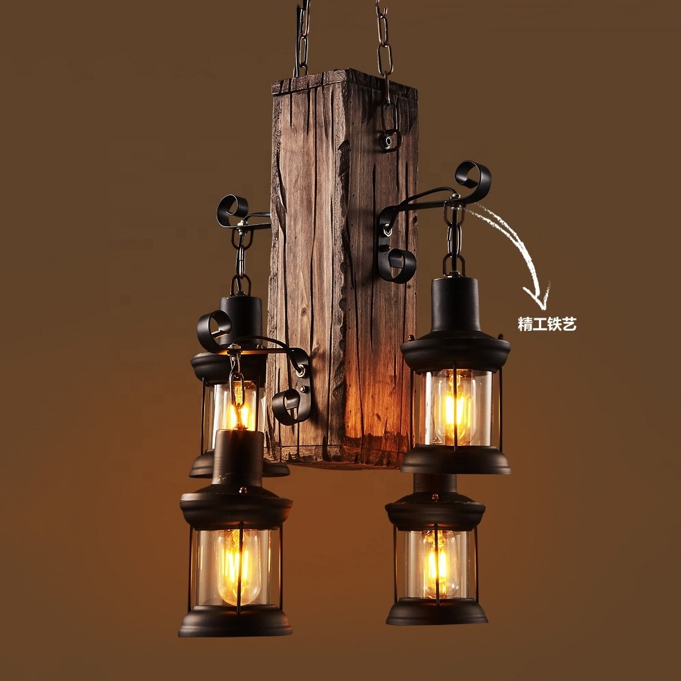 Hot sale rustic luxury wood light industrial chandelier lighting vintage pendant lamp loft cafe decoration fixture home decor