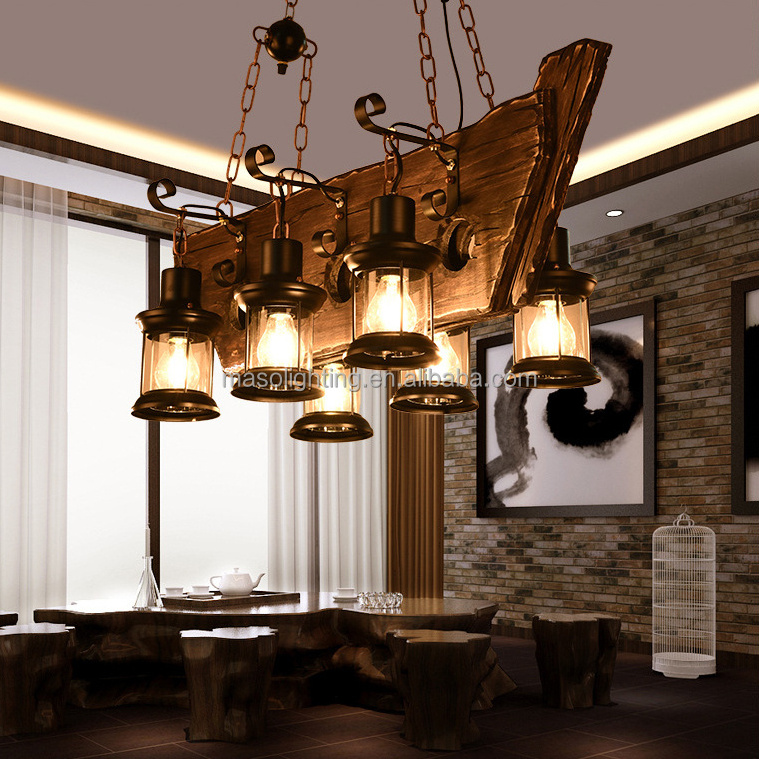 Hot sale wood ceiling pendant lamp industrial style vintage unique wood pendant lamp chandelier E27 4w 6 heads LED light fixture