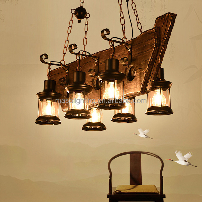 Hot sale wood ceiling pendant lamp industrial style vintage unique wood pendant lamp chandelier E27 4w 6 heads LED light fixture