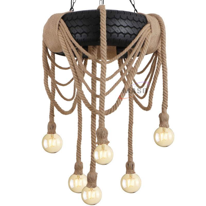 Wholesale rustic industrial iron hemp rope chandelier homes pendant hanging lights for indoor stairs