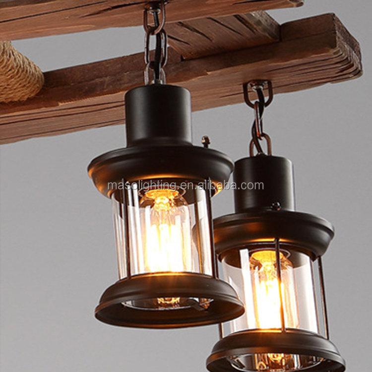 Vintage multi led bulbs wood loft retro ladder veneer shade chandeliers industrial pendant lamp light