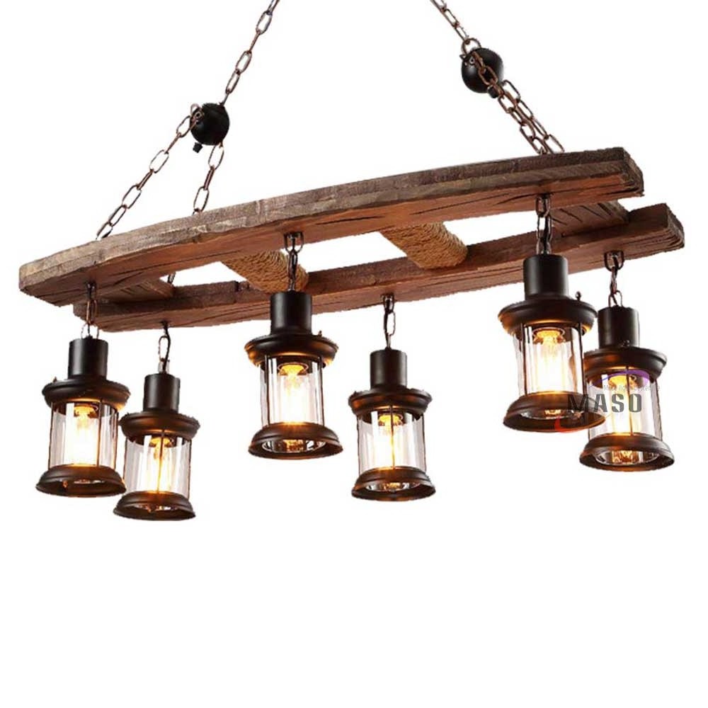 Vintage multi led bulbs wood loft retro ladder veneer shade chandeliers industrial pendant lamp light