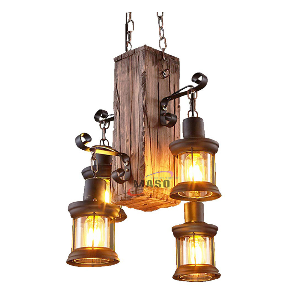 Hot sale rustic luxury wood light industrial chandelier lighting vintage pendant lamp loft cafe decoration fixture home decor