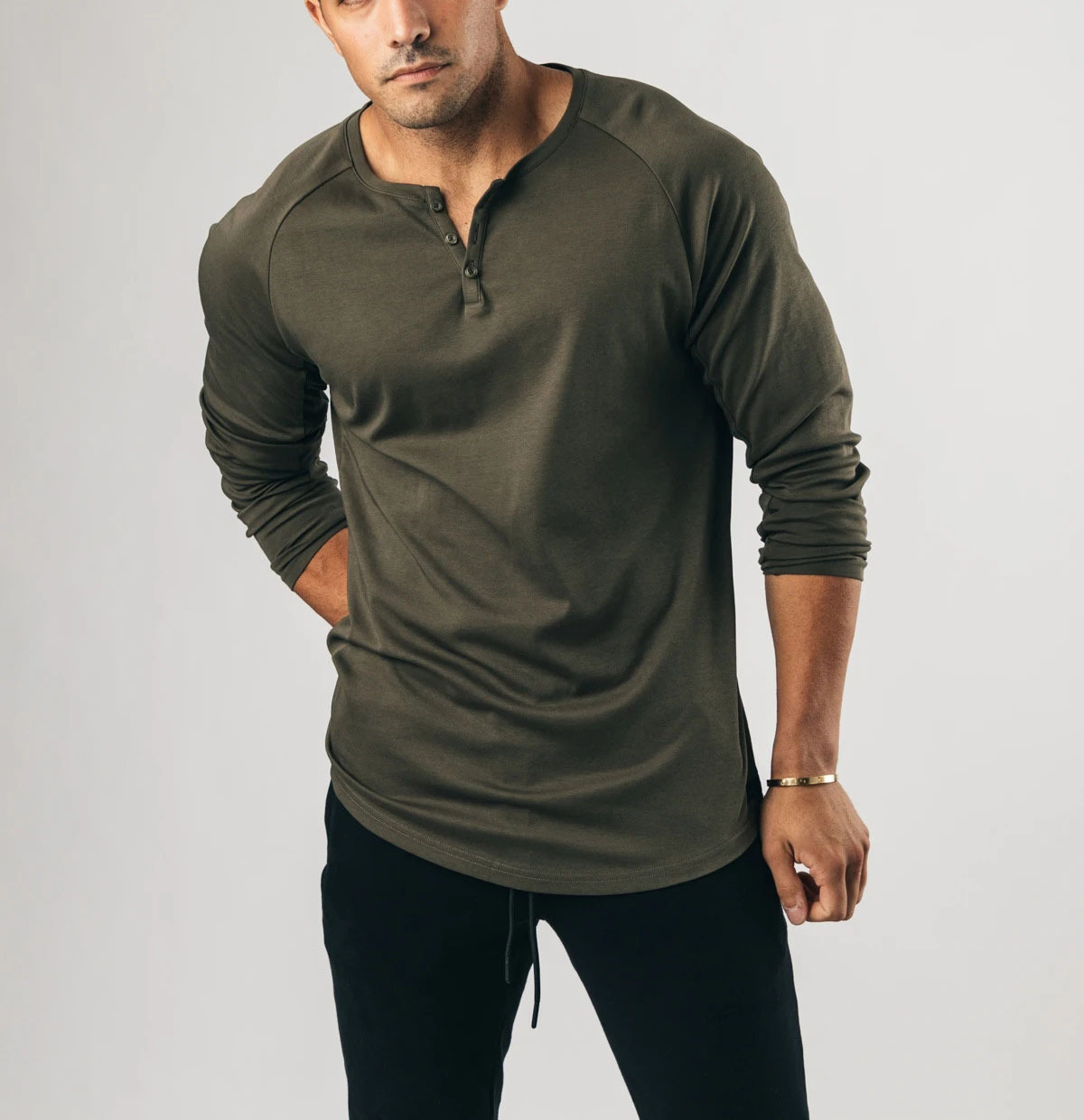 Customize Men dark khaki long sleeve henley T Shirts with 3 buttons