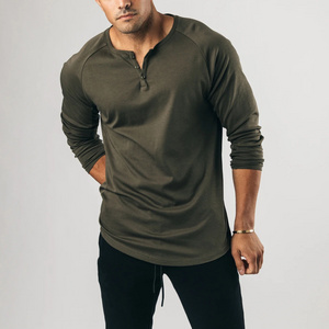 Customize Men dark khaki long sleeve henley T Shirts with 3 buttons