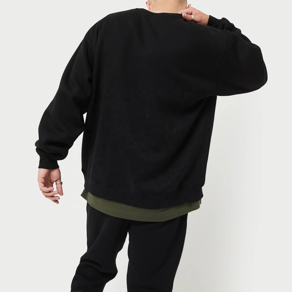 Classic Black Fleece Sweatshirt Crew Neck Oversized Men's Pullover