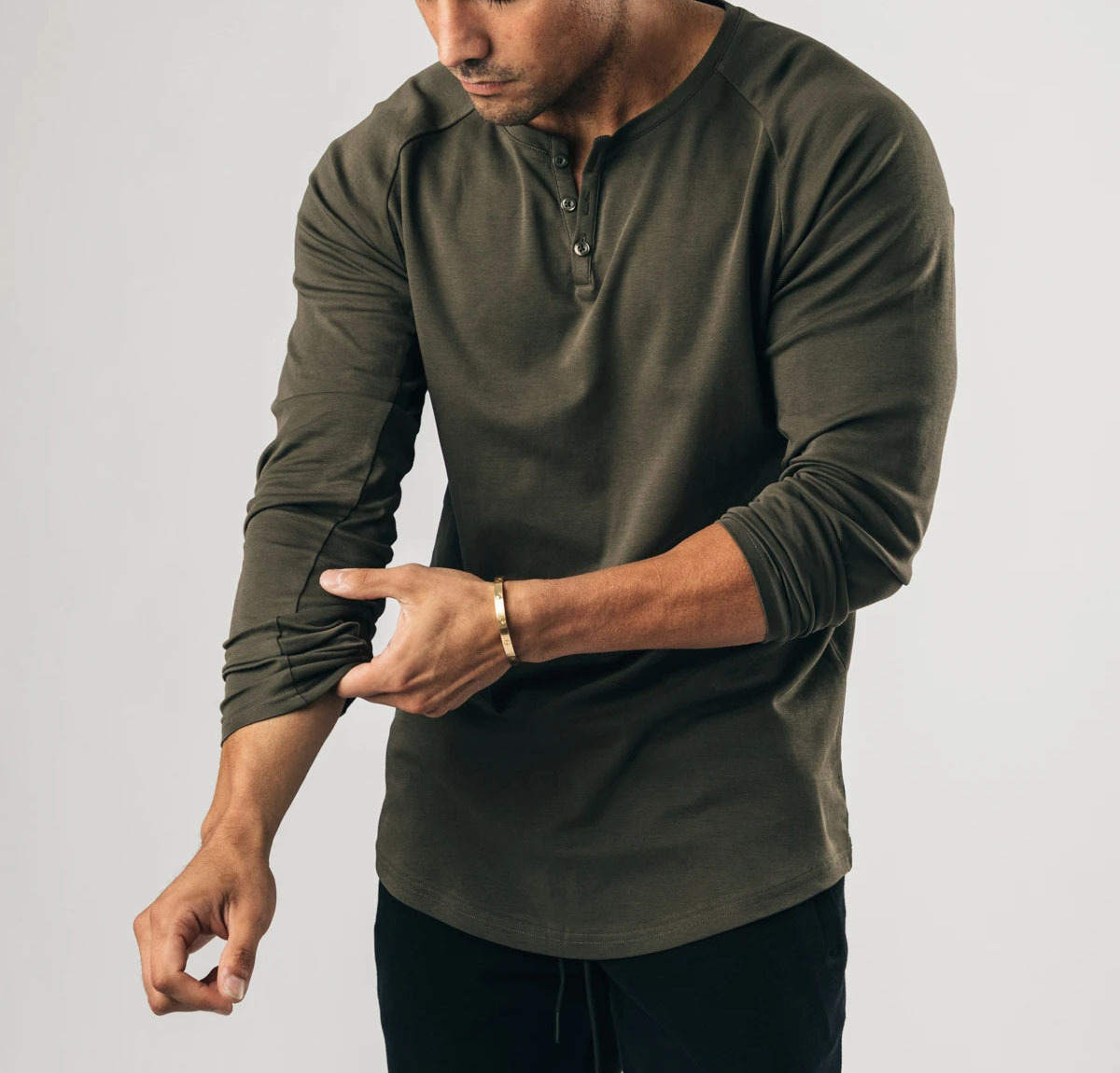 Customize Men dark khaki long sleeve henley T Shirts with 3 buttons