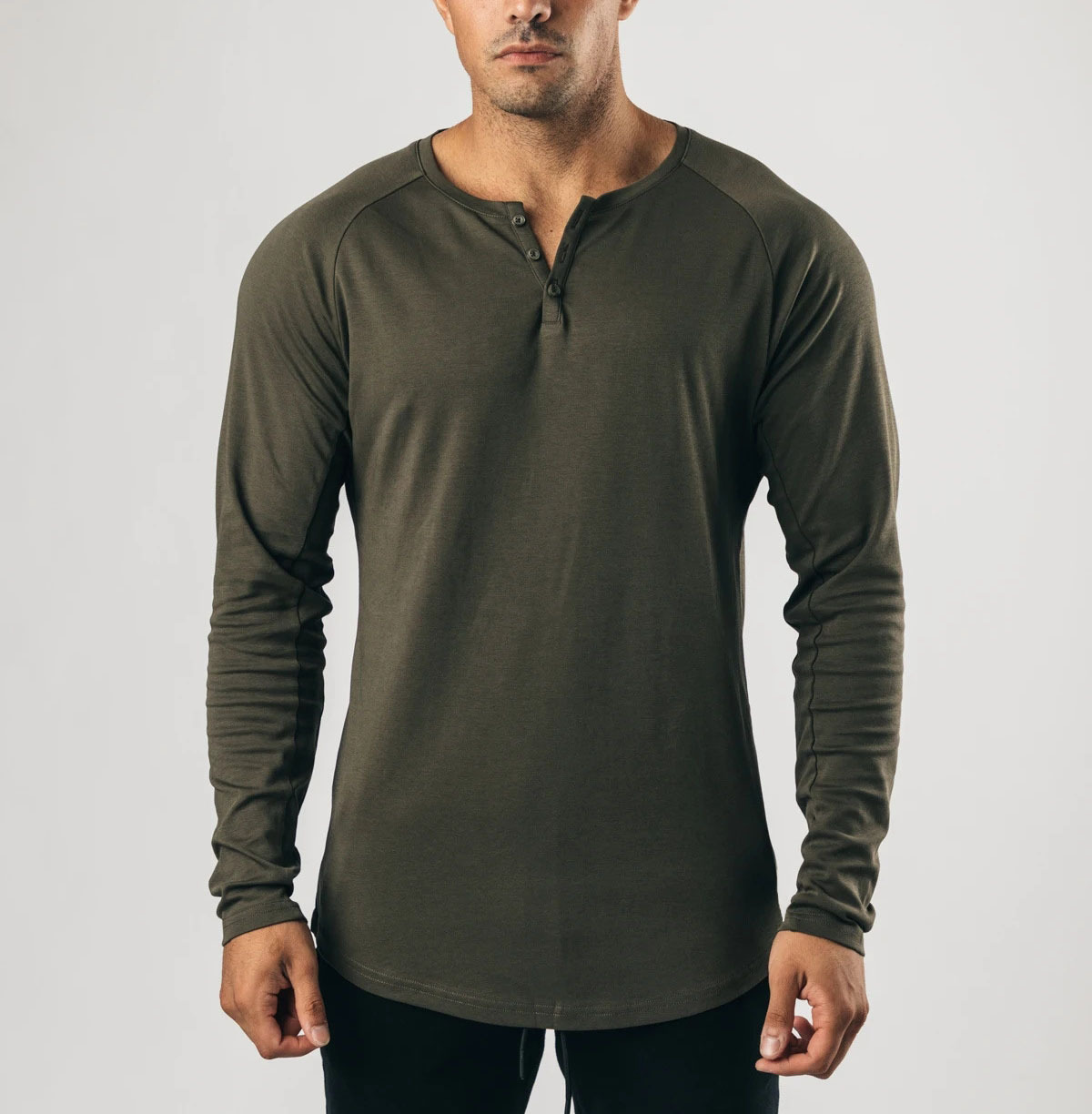 Customize Men dark khaki long sleeve henley T Shirts with 3 buttons