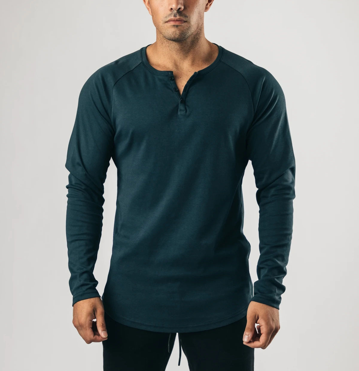 Customize Men dark khaki long sleeve henley T Shirts with 3 buttons