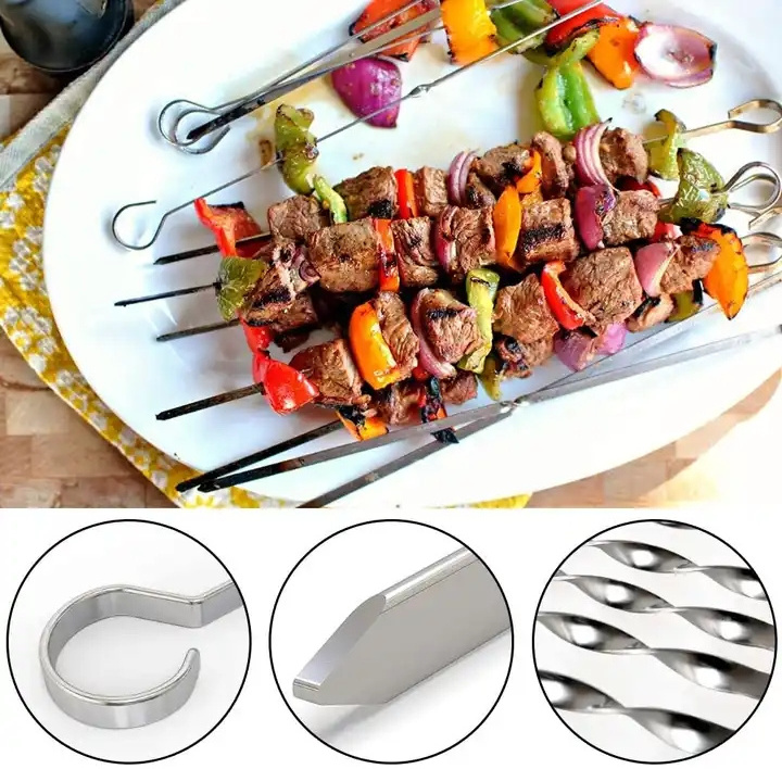 RTS Hot sale Flat Stainless Steel BBQ Barbecue Skewer for Grilling household grill kabob grill